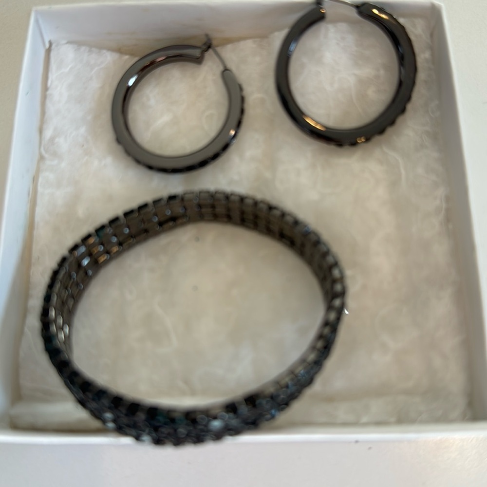 Sparkling Black Hoop Earrings and matching bracelet.